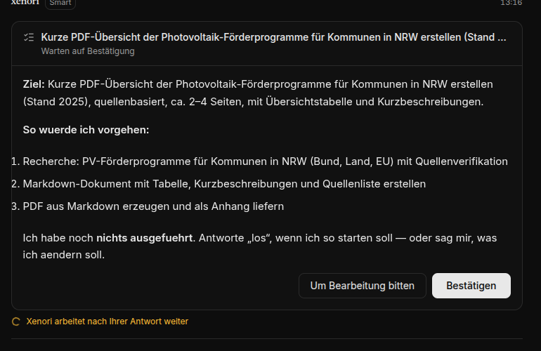 Xenori Plan-Freigabe: Arbeitsplan mit Bestätigen und Um Bearbeitung bitten