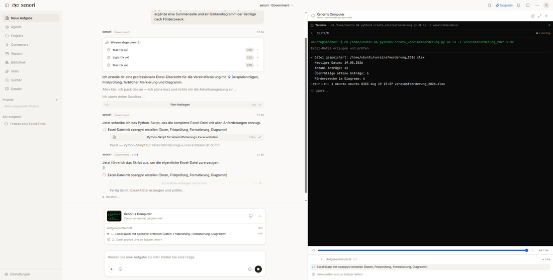 Live-Mitschnitt: Xenori erstellt und validiert eine Excel-Datei im Terminal